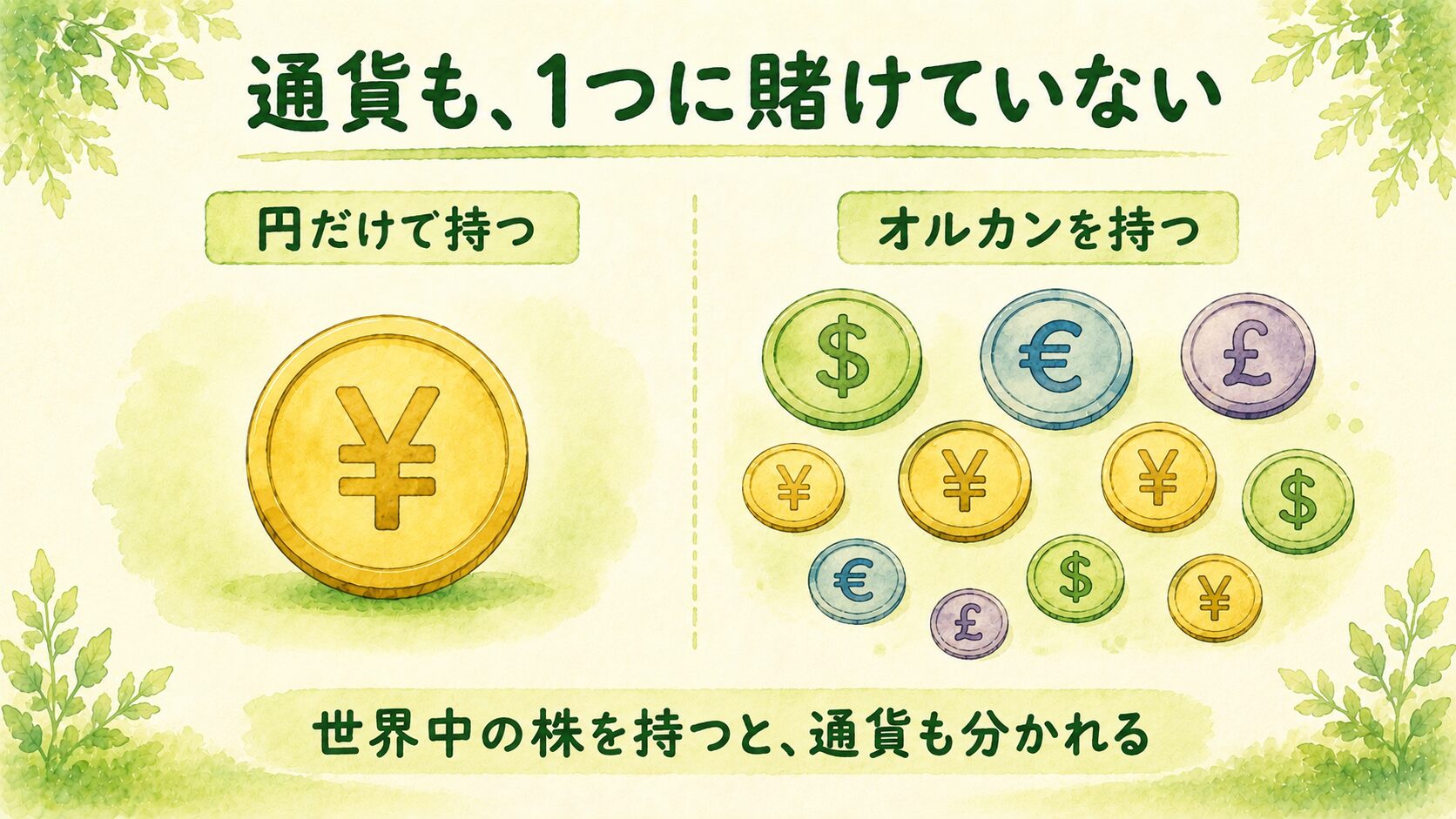 円だけで持つのとオルカンを持つのの比較。オルカンは通貨も分散される