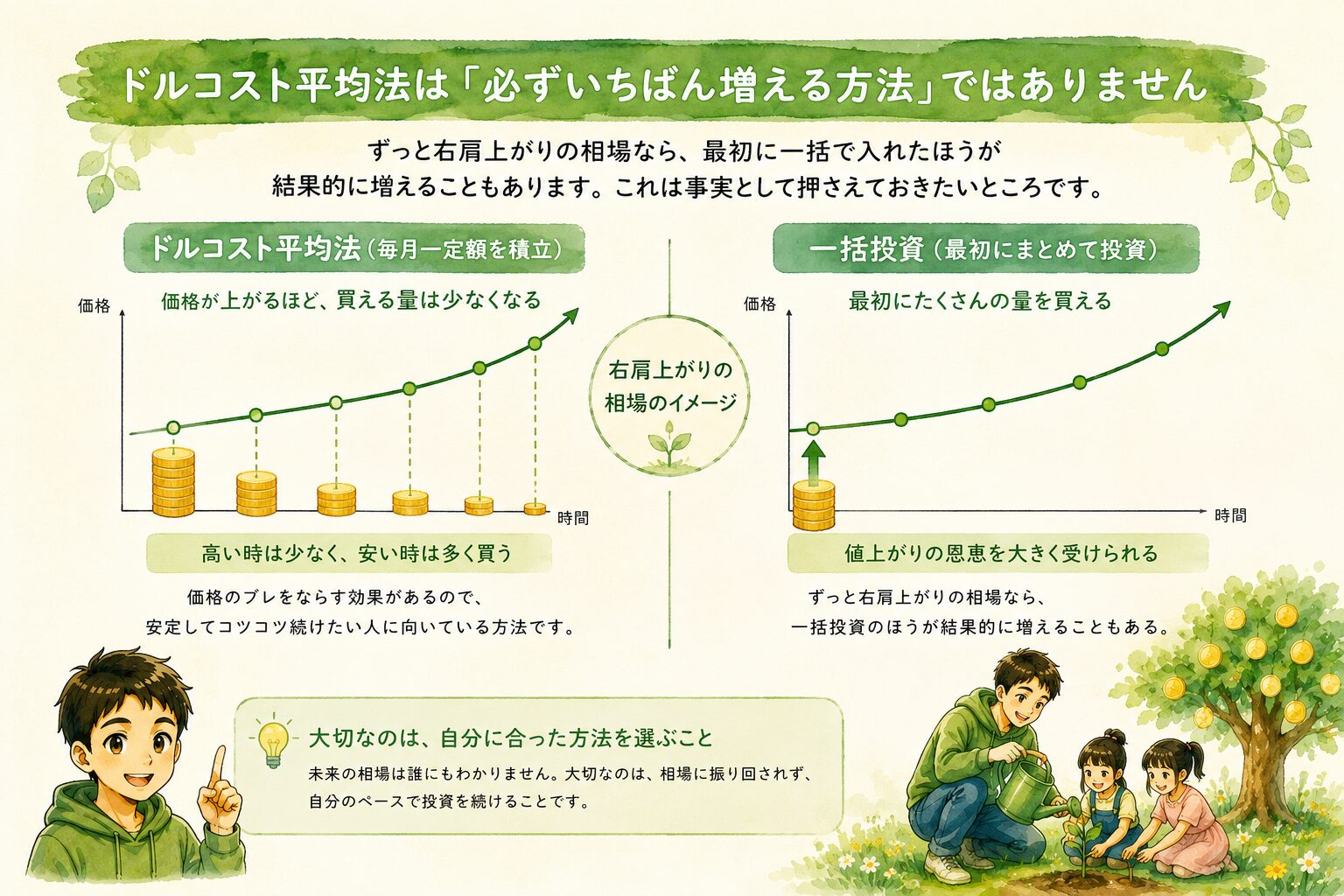 ドルコスト平均法のイメージ図。価格が変動しても同じ金額で買い続けると、高い時は少なく・安い時は多く買える