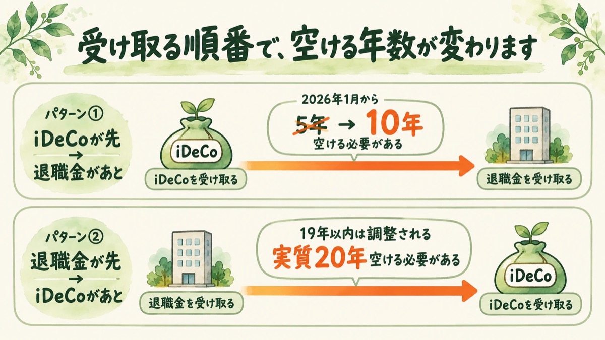 受け取る順番で、空ける年数が変わります。iDeCoが先なら2026年1月から10年、退職金が先なら実質20年
