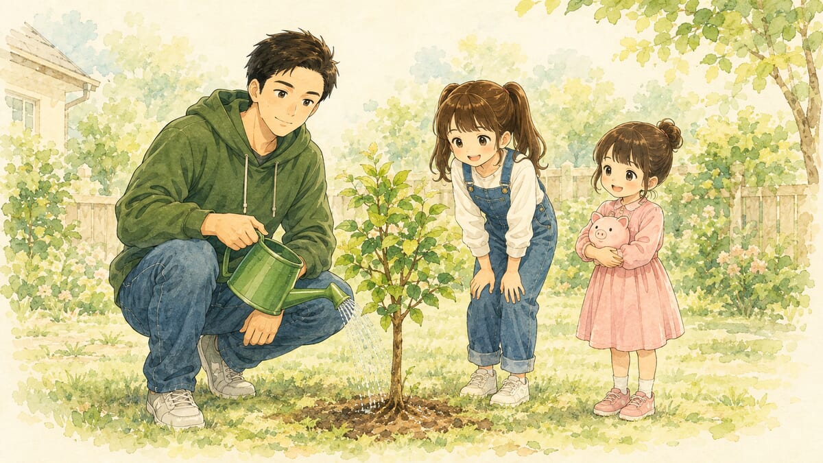 家族で若い木に水をあげる。妹は貯金箱を抱えている