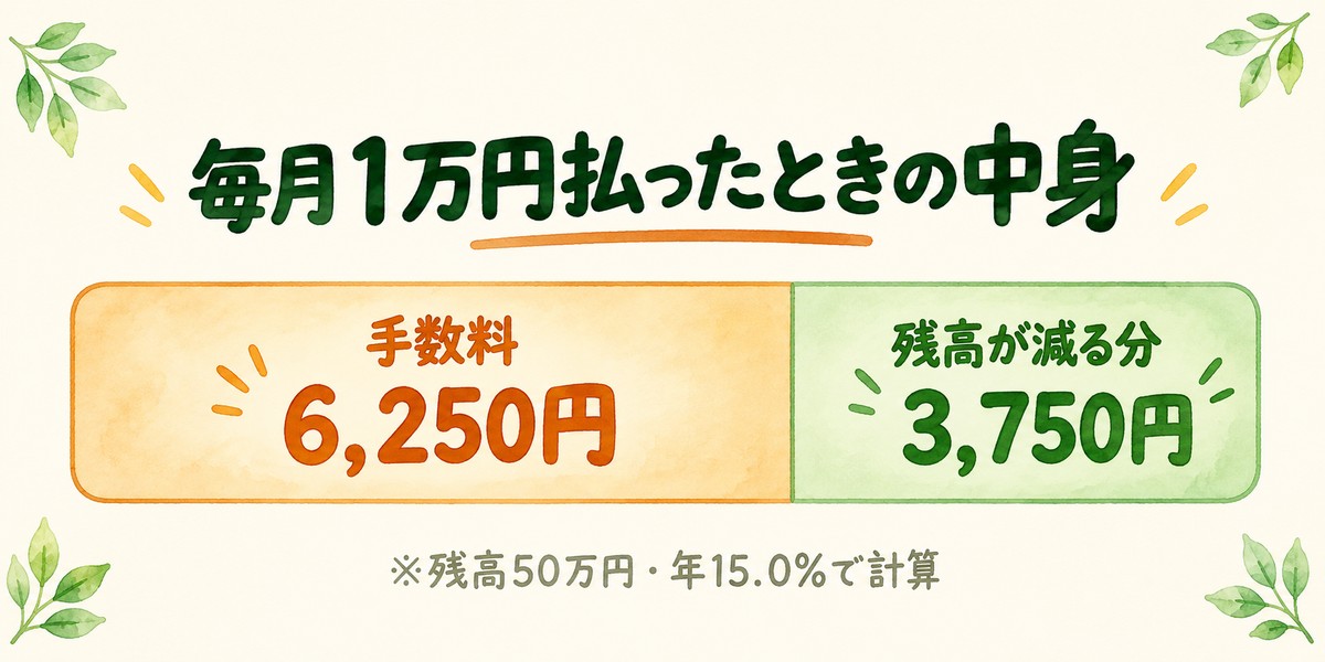 毎月1万円払ったときの中身。手数料6,250円、残高が減る分3,750円